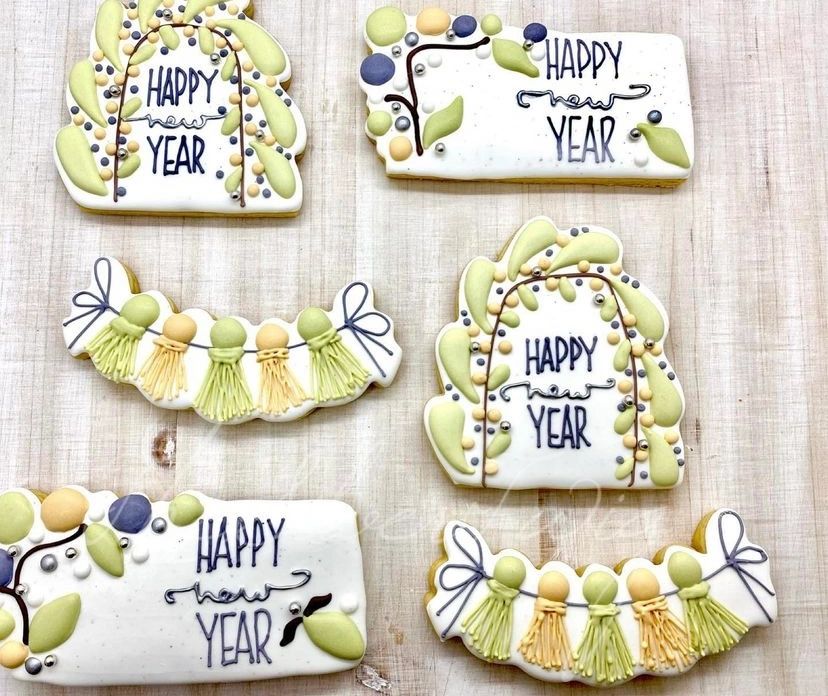 Happy New Year botanical decorated cookies